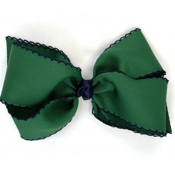 Green (Forest Green) / Dark Navy Pico Stitch Bow - 7 Inch