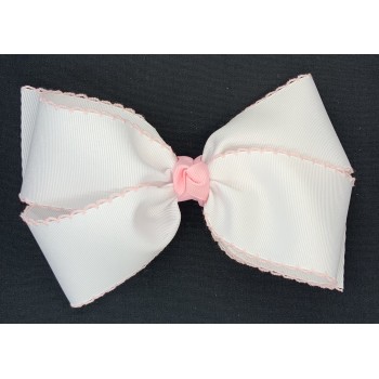 White / Light Pink Pico Stitch Bow - 7 Inch