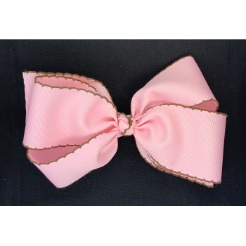 Pink (Light Pink) / Brown Pico Stitch Bow - 7 Inch
