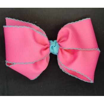 Pink (Hot Pink) / Light Turquoise Pico Stitch Bow - 7 Inch