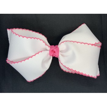 White / Hot Pink Pico Stitch Bow - 7 Inch
