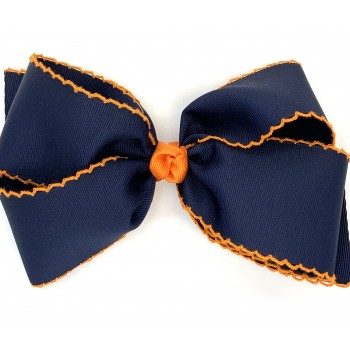 Blue (Dark Navy) / Orange Pico Stitch Bow - 7 Inch