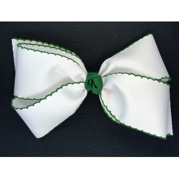 White / Forest Green Pico Stitch Bow - 7 Inch