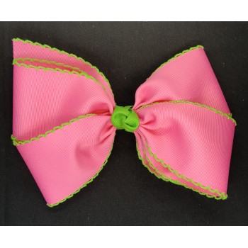 Pink (Hot Pink) / Apple Green Pico Stitch Bow - 7 Inch