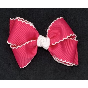 Pink (Shocking Pink) / White Pico Stitch Bow - 4 Inch