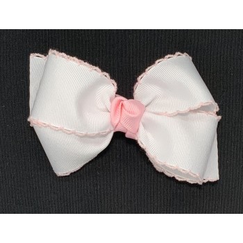 White / Light Pink Pico Stitch Bow - 4 Inch