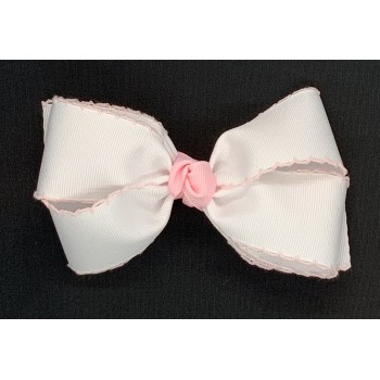 White / Light Pink Pico Stitch Bow - 5 Inch