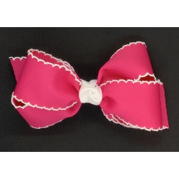 Pink (Shocking Pink) / White Pico Stitch Bow - 5 Inch