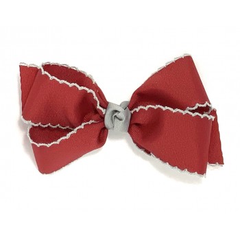 Red (Cranberry) / Gray Pico Stitch Bow - 5 Inch