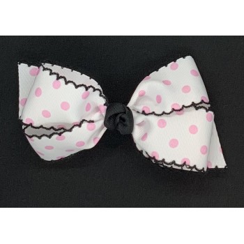 White (150 Pink) Polka Dots / Black Pico Stitch Bow - 5 inch