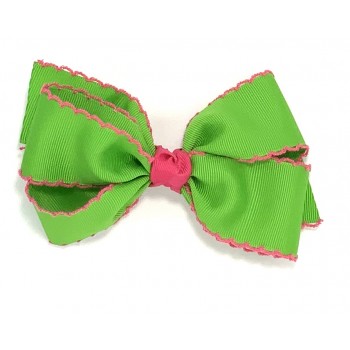 Green (Apple Green) / Shocking Pink Pico Stitch Bow - 5 Inch