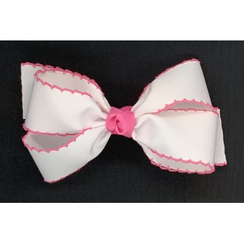 White / Hot Pink Pico Stitch Bow - 5 Inch