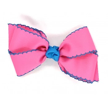 Pink (Hot Pink) / Turquoise Pico Stitch Bow - 5 Inch